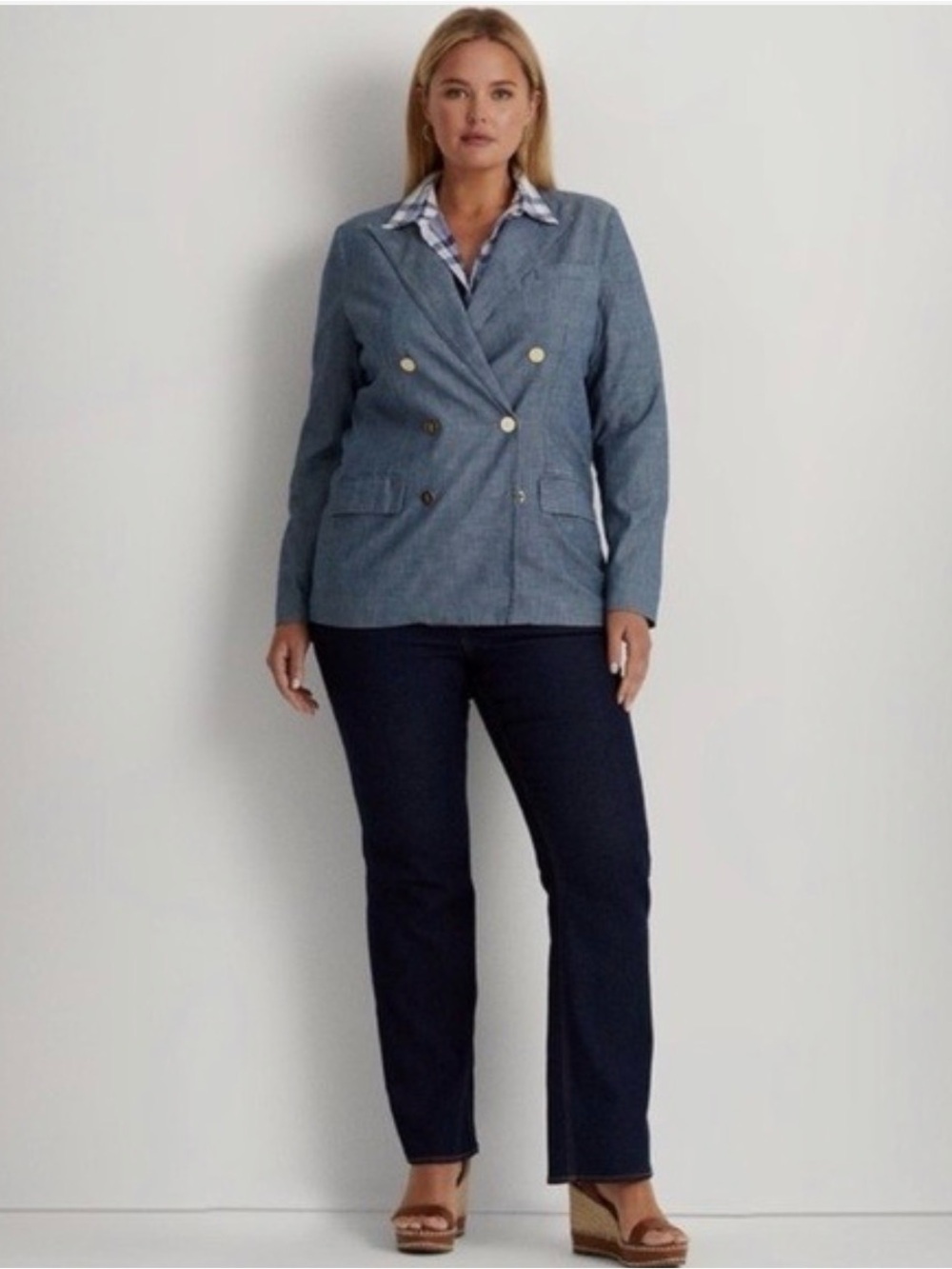 Lauren Ralph Lauren Double-Breasted Denim-Effect Blazer - Blue